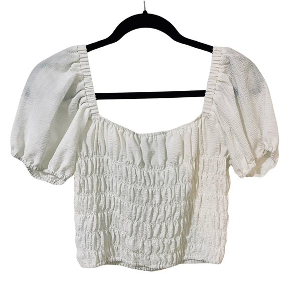 ELODIE White Puff Sleeve Crop Top w/ Elastic Waist Sz. S | Peasant, Princess - Picture 2 of 6
